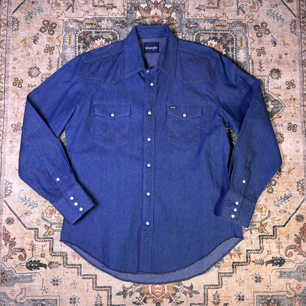 Vintage Wrangler Mens Western Denim Pearl Snap Shirt Cowboy Blue Large Button Up